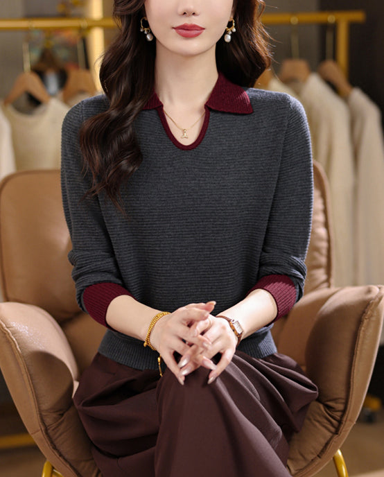 Chic Contrast Collar Ribbed Knit Top – Women's Polo V-Neck Sweater - LAI MENG FIVE CATS