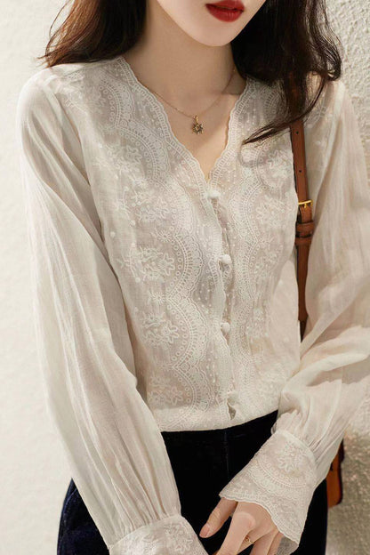 Women's V Neck Lace Crochet See Through Blouse