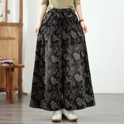 Boho Dark Floral Wide-Leg Jeans Elastic Waist Denim Pants
