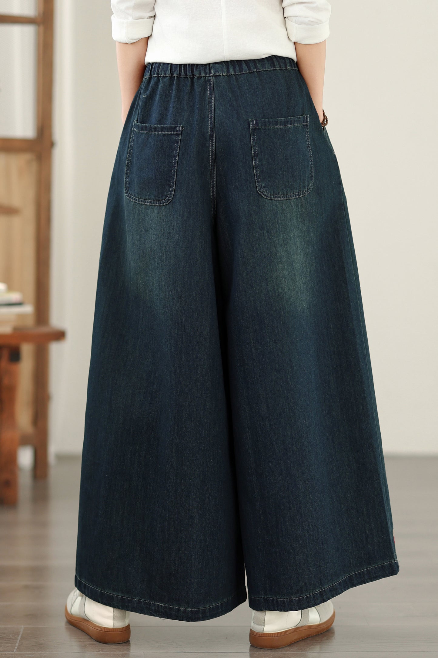 Women's Baggy Jeans Embroidery Elastic Waist Denim Pants