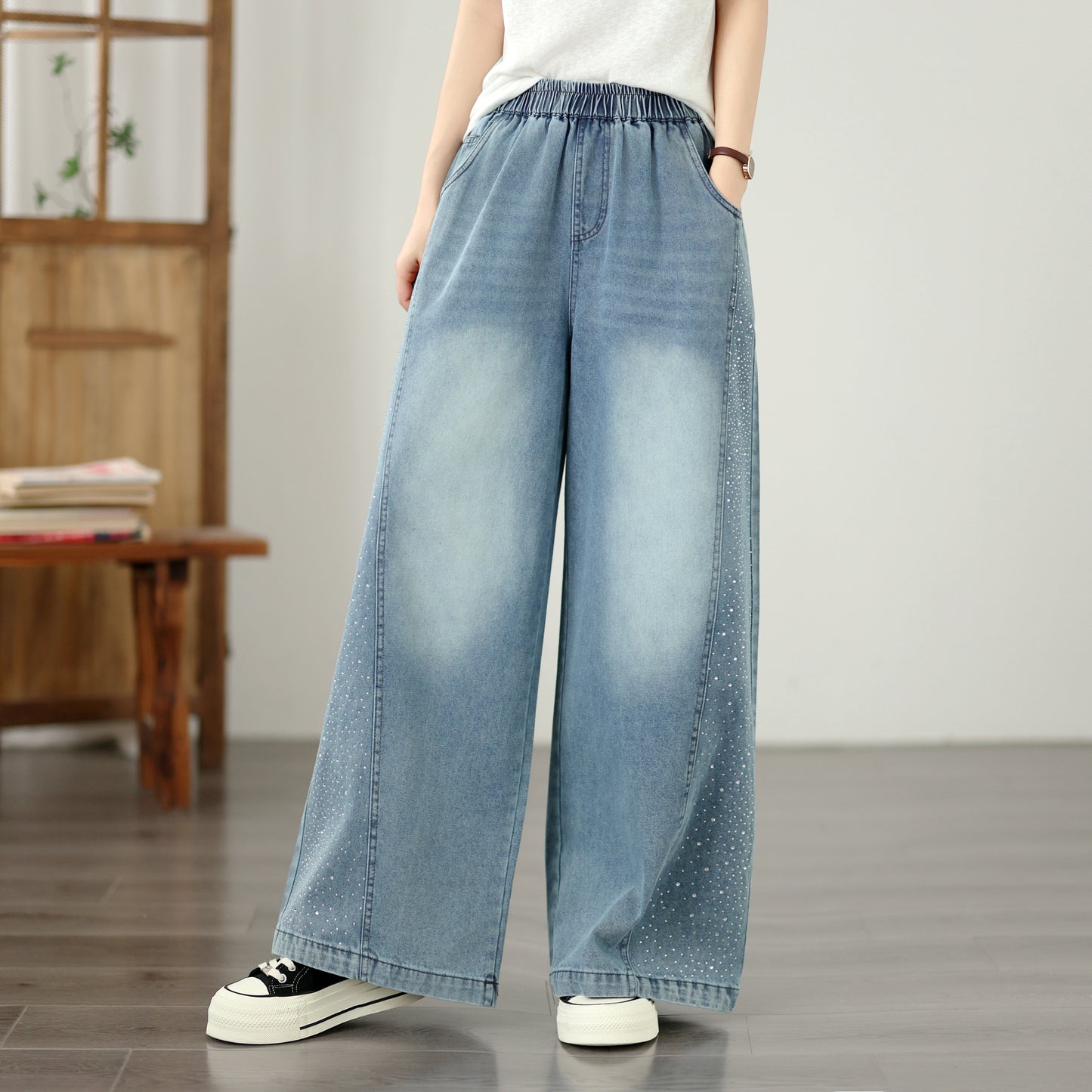 Women's Wide Leg Jeans Elastic Waist  Casual Loose Curved Pants - LAI MENG FIVE CATS