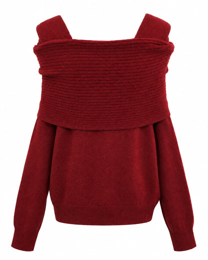 28683-Burgundy Bow Off-Shoulder Knit Sweater