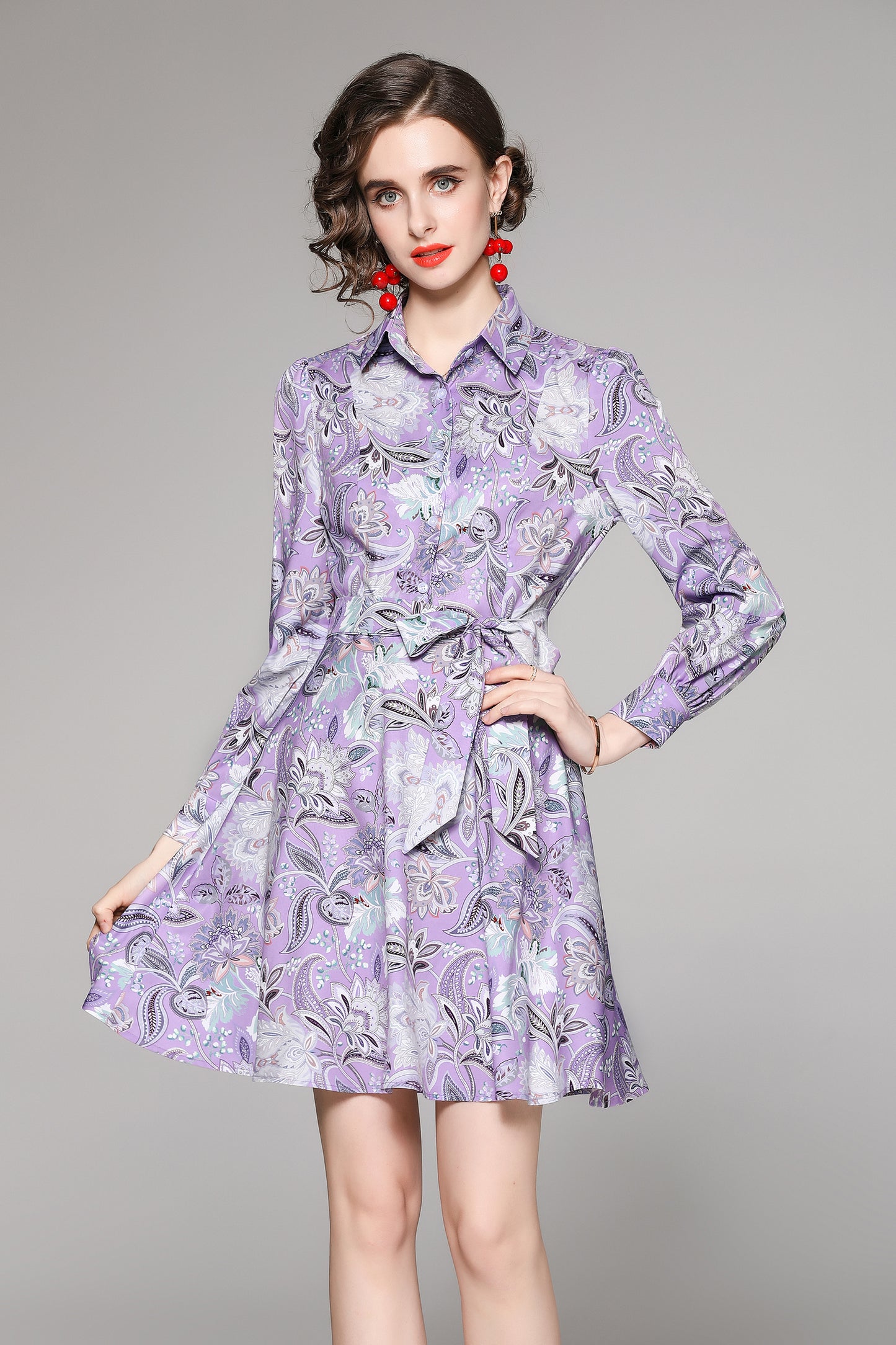 SSY-Women's Long Sleeve Lapel Collar Floral Mini Dress