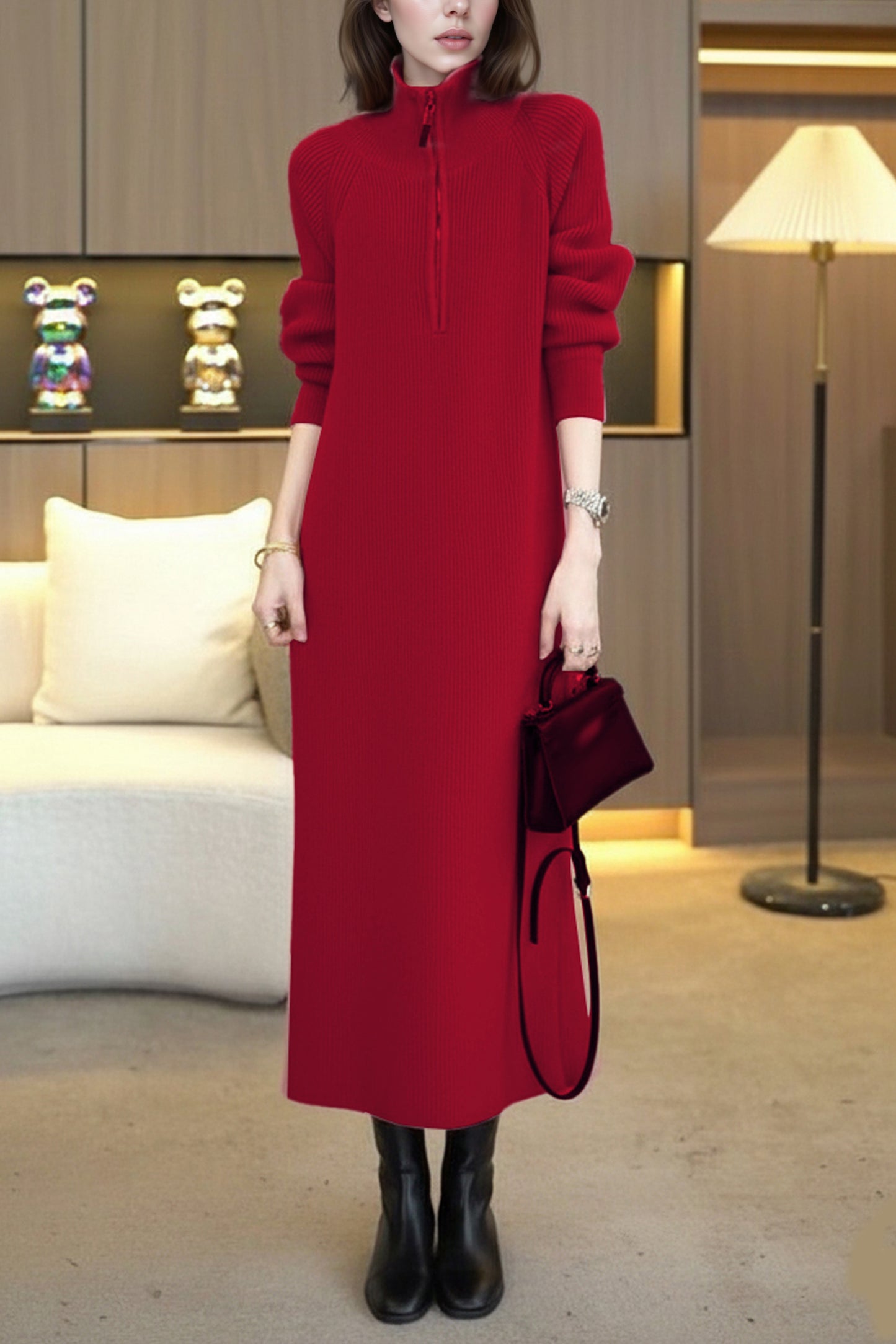 Women's Knit Long Sleeve Quarter Zip Sweater Maxi Dress