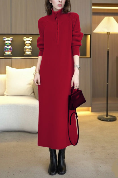 Women's Knit Long Sleeve Quarter Zip Sweater Maxi Dress