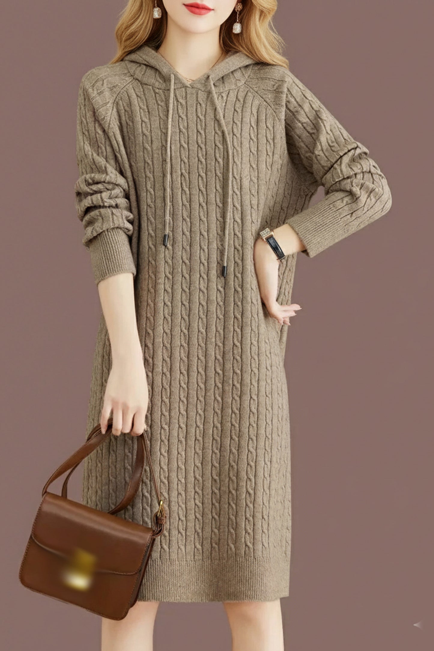 Women's Cable Knit Sweater Hoodie Midi Dress