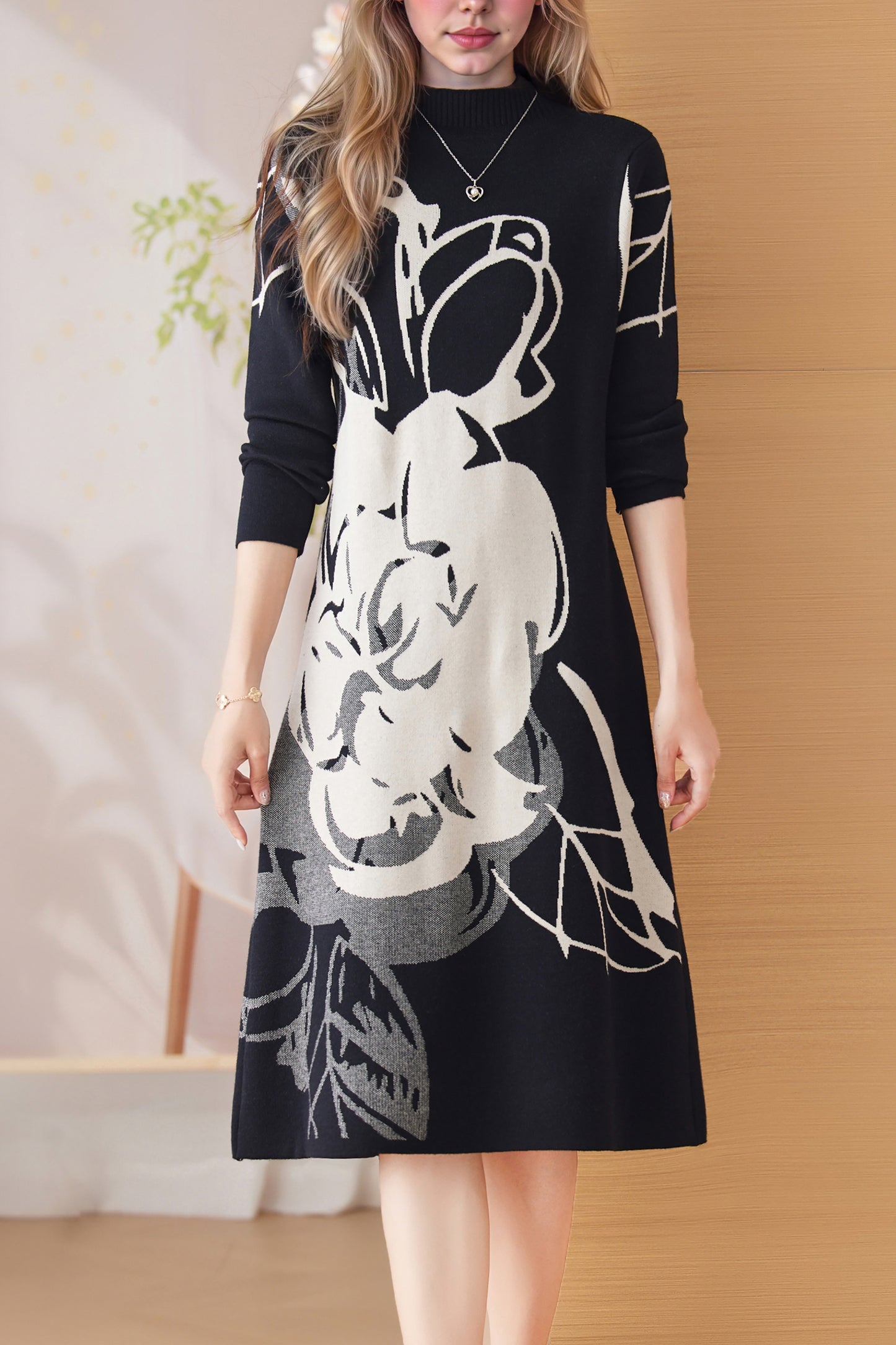 Women's Turtleneck Print Pullover Sweater Midi Dress
