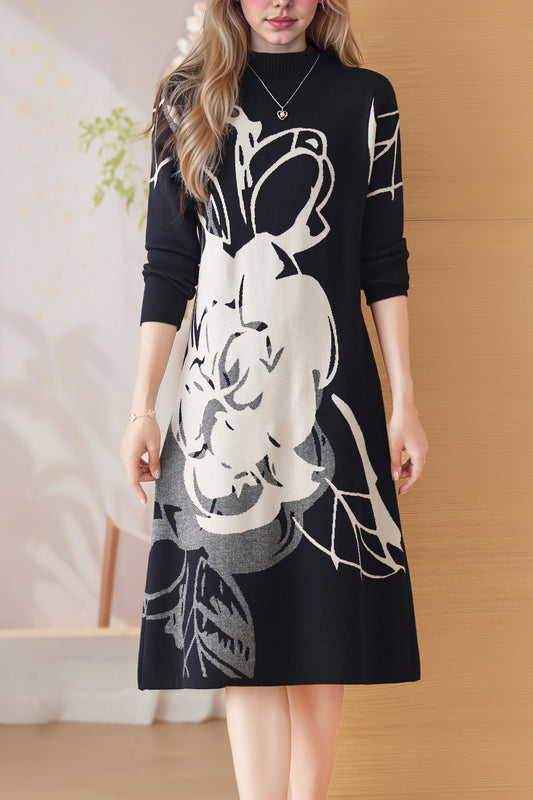 Women's Turtleneck Print Pullover Sweater Midi Dress