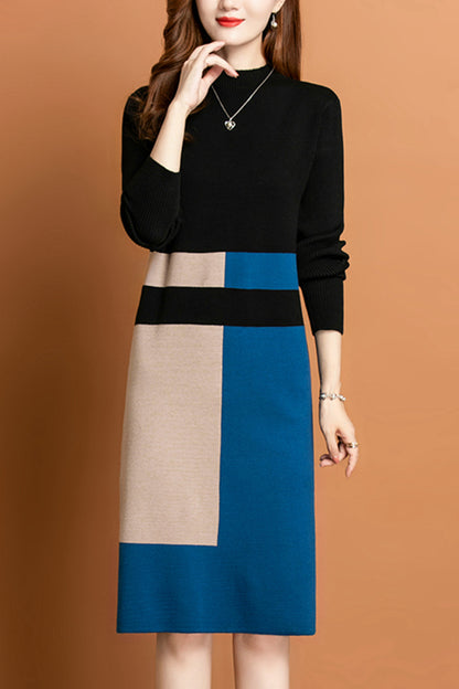 Women's Fall Long Sleeve Knitted Sweater Midi Dress