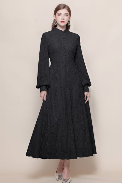 Women's Lace Mandarin Collar High Waist Maxi Dress - LAI MENG FIVE CATS