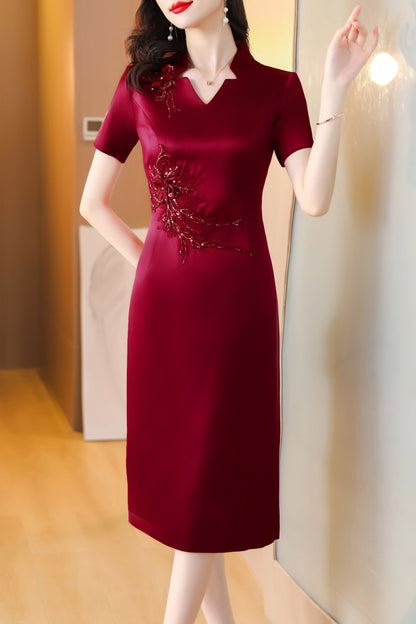 Women's Glitter Bead Design Formal Elegant Embroider Midi Dress