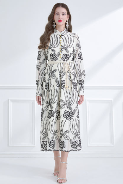 Women's Mandarin Collar Embroidered Button Maxi Dress