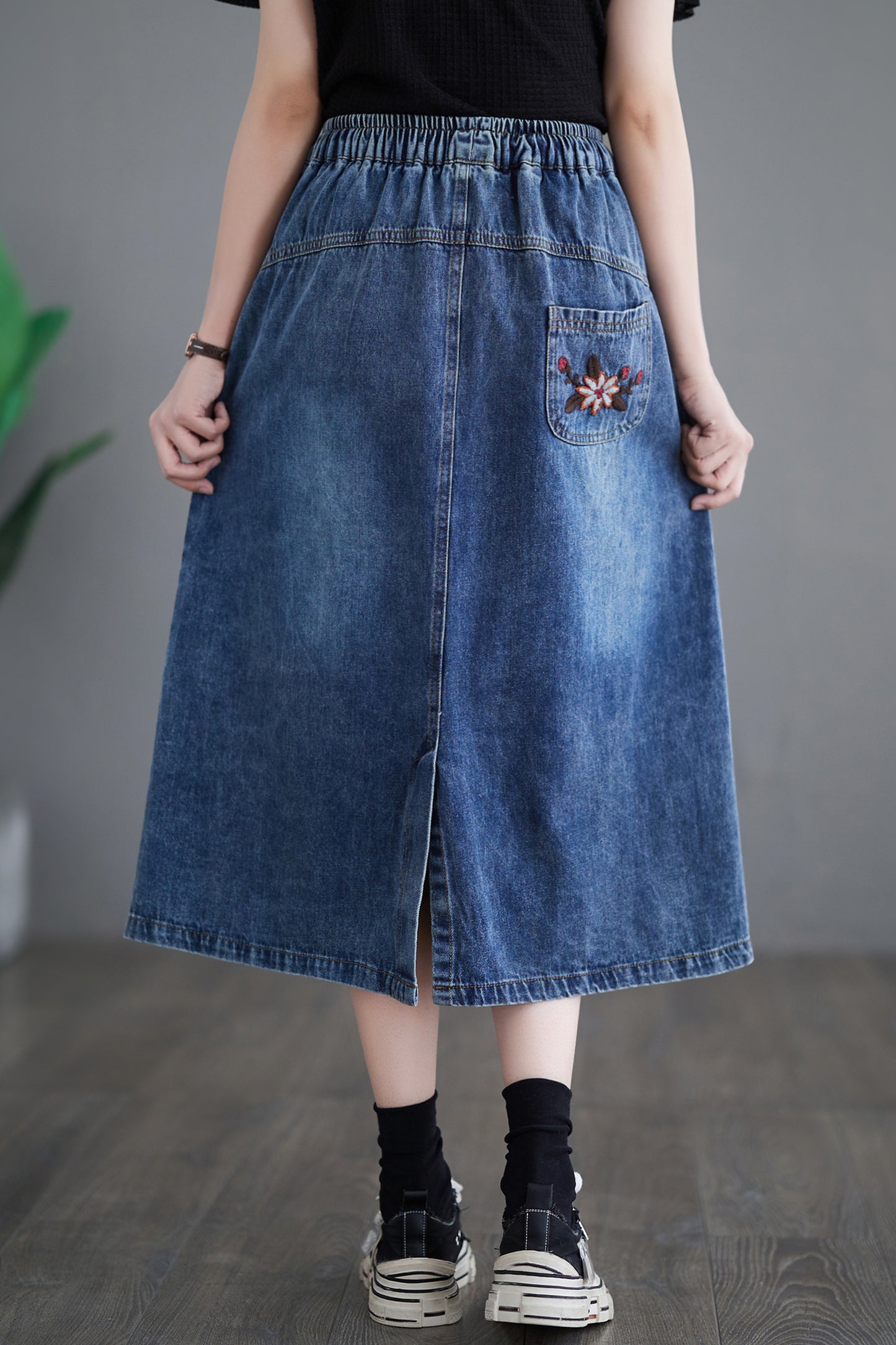 Women's Denim Drawstring Waist Pockets Jean Skirt
