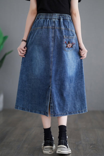 Women's Denim Drawstring Waist Pockets Jean Skirt