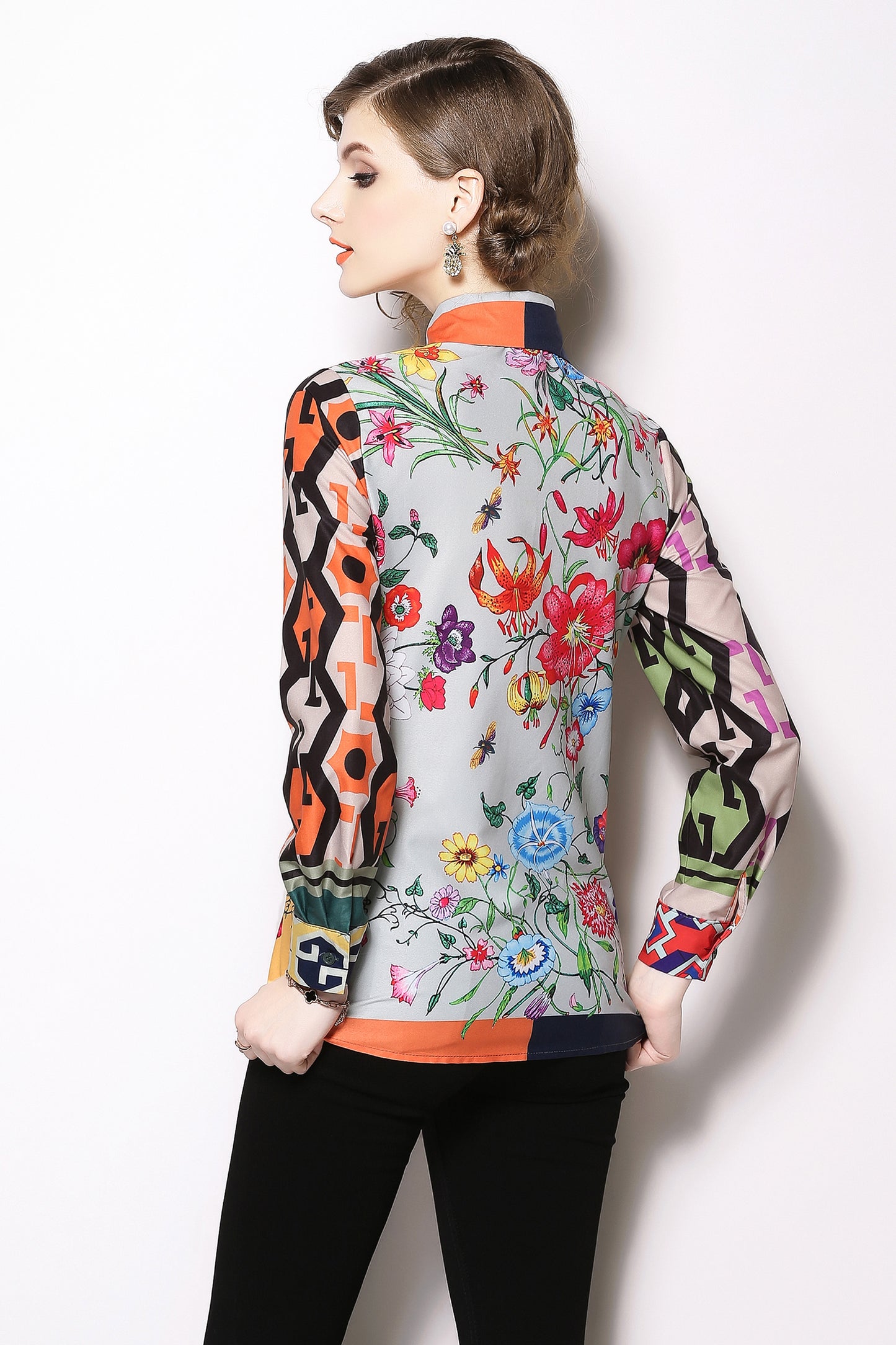 ESY-Women's Shirt Print Long Sleeve Button Blouse