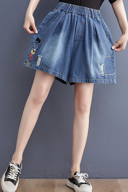 Women's Baggy Pull On Jeans Ripped Denim Shorts - LAI MENG FIVE CATS
