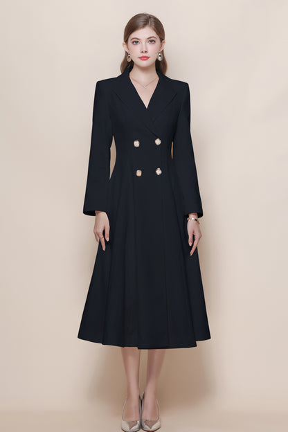 Women's Pea Coat Notch Lapel Trench Coat Midi Dress