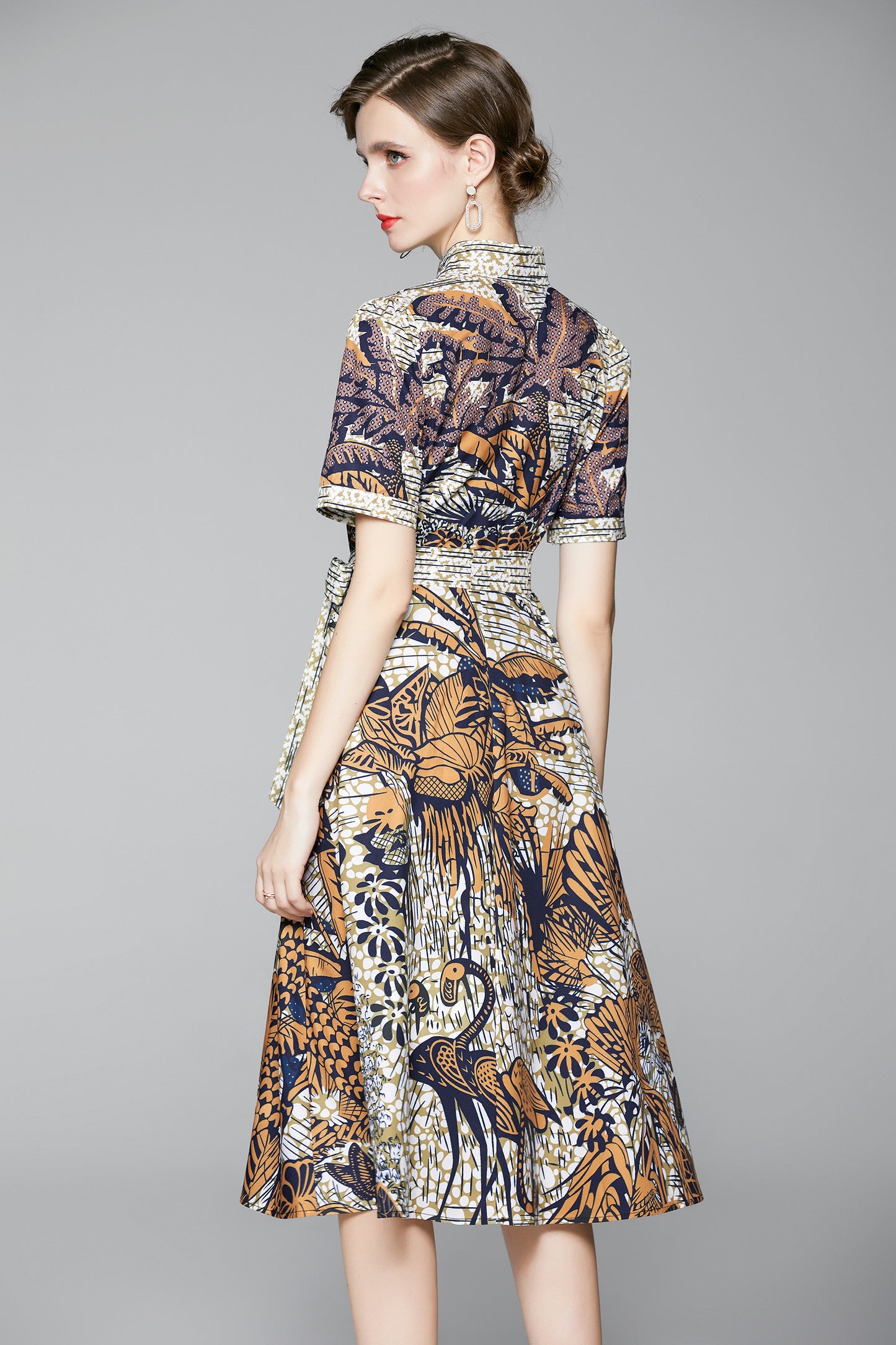 SSY-Women's Short Sleeve Floral Print Button Midi Dress