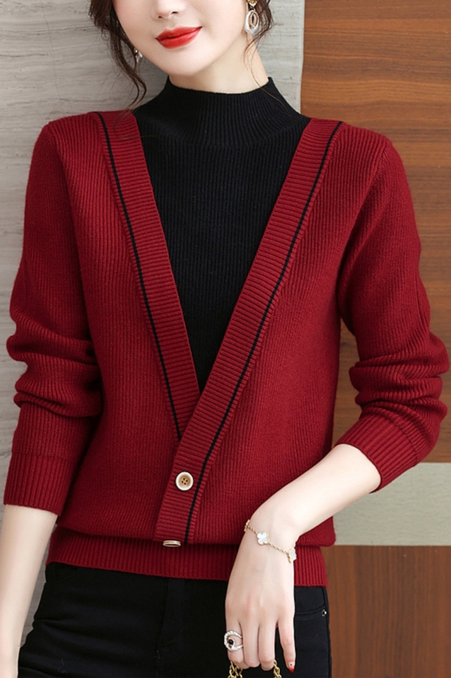 Women's Fall Turtleneck Color Block Knitted Sweater