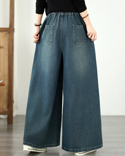 Vintage Embroidered Wide-Leg Jeans with Elastic Waist
