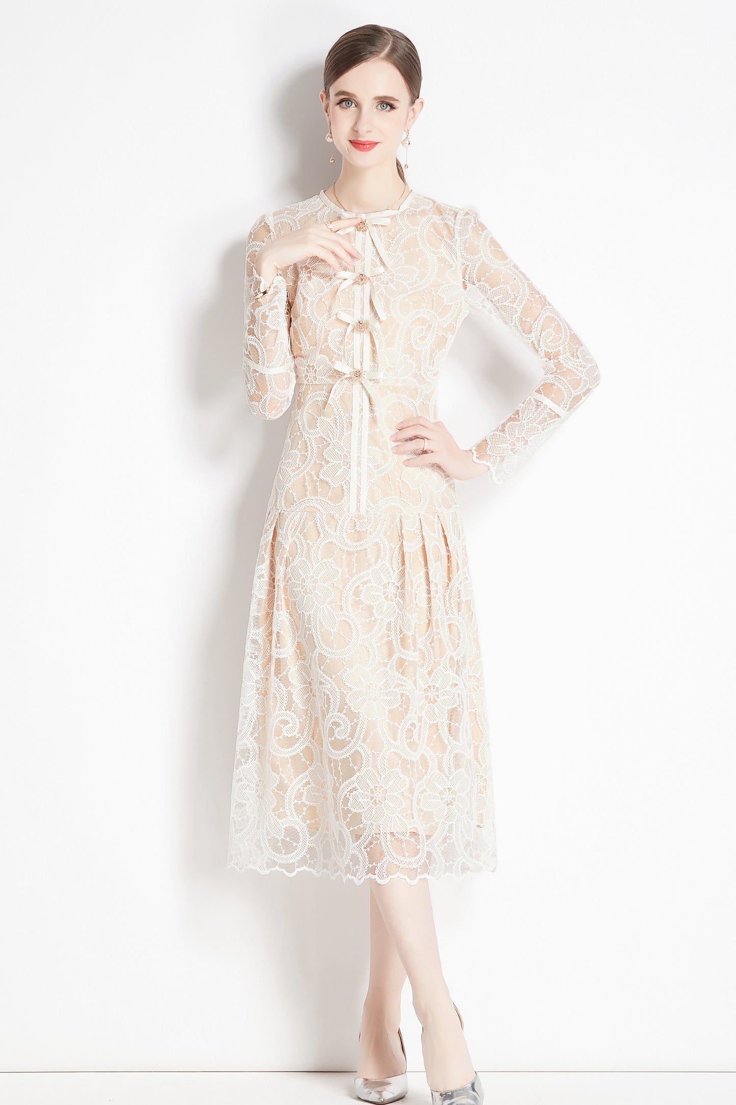 Women's Lace Floral Long Sleeve Midi Dress