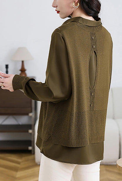 Women's 2-in-1 Layered Knit Vest Top — Shirt Collar with Dotted Trim