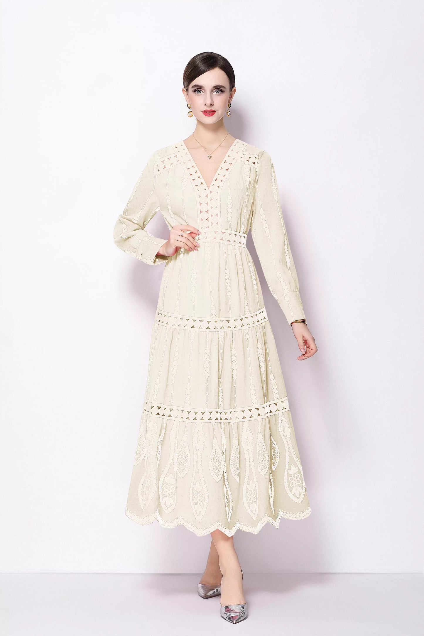 Women's V Neck Long Sleeve Hollowed Lace Linen Dress - LAI MENG FIVE CATS