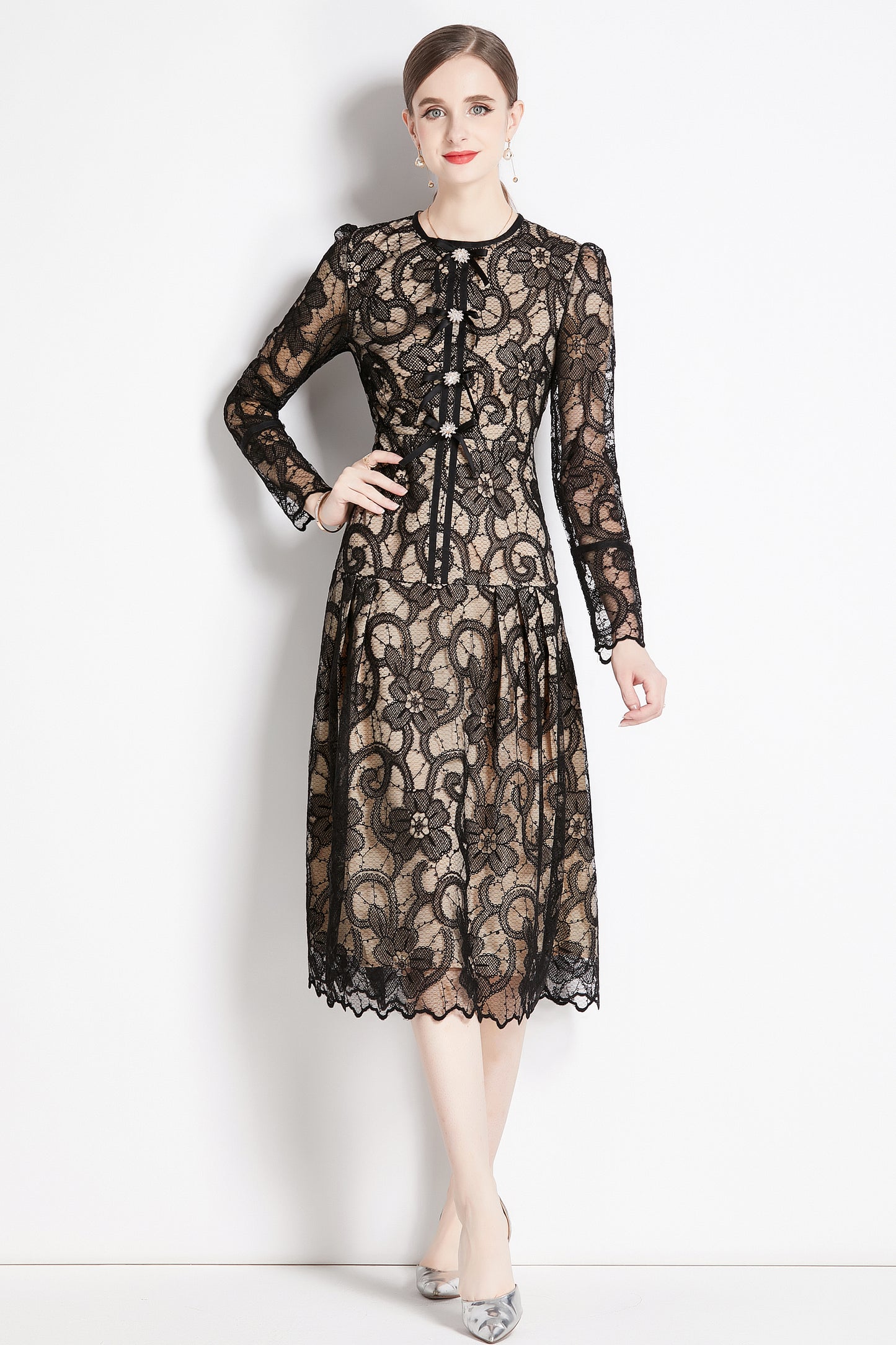 Women's Lace Floral Long Sleeve Midi Dress