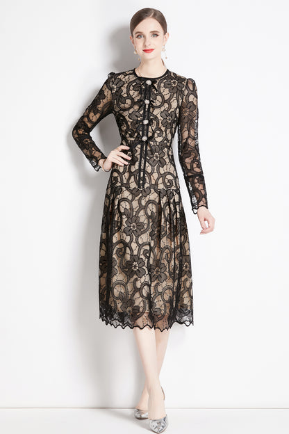 Women's Lace Floral Long Sleeve Midi Dress