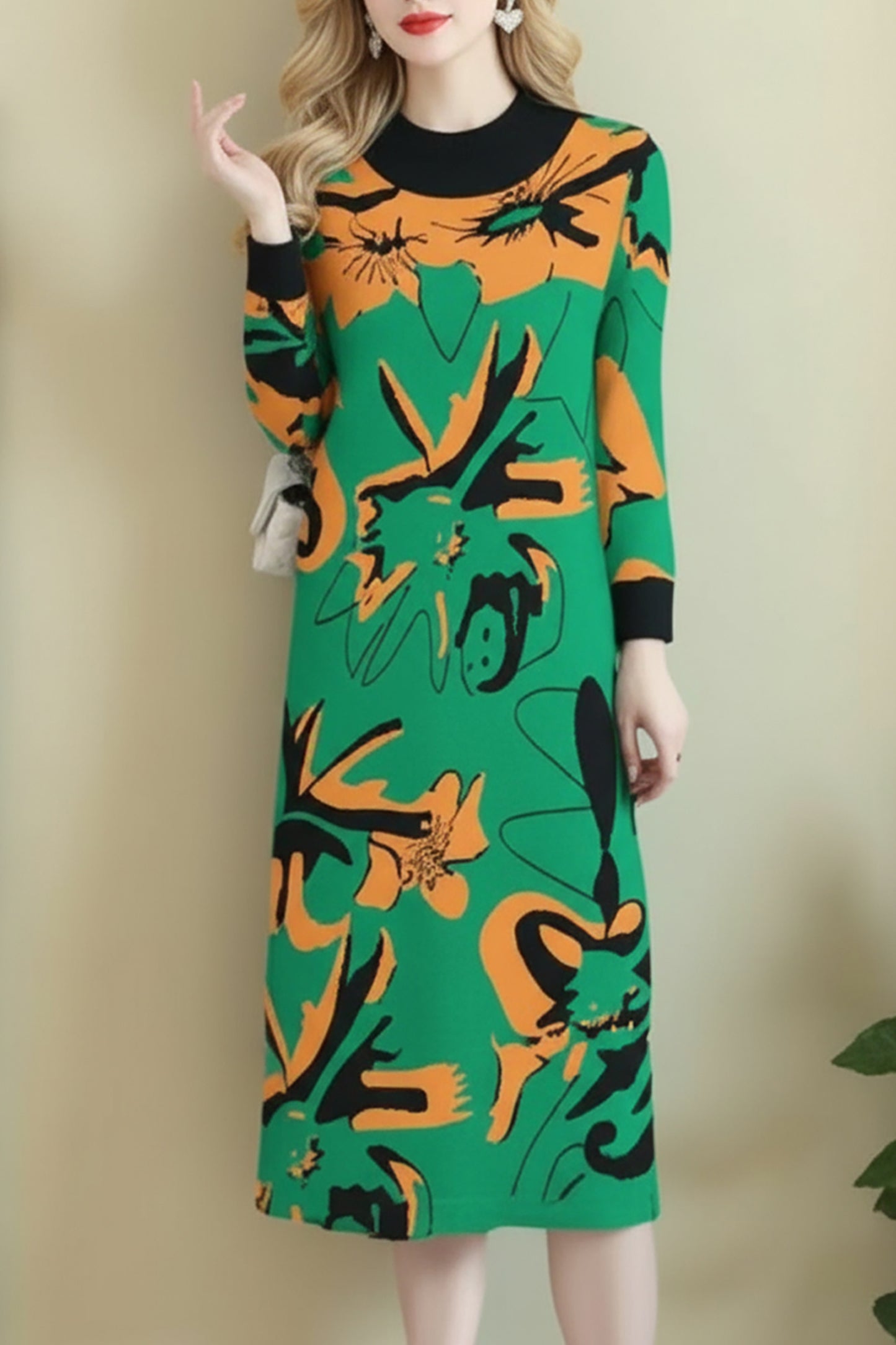 Women's Turtleneck Print Pullover Sweater Midi Dress