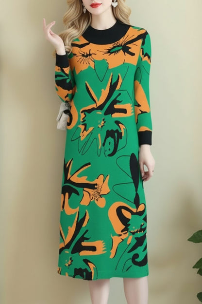 Women's Turtleneck Print Pullover Sweater Midi Dress
