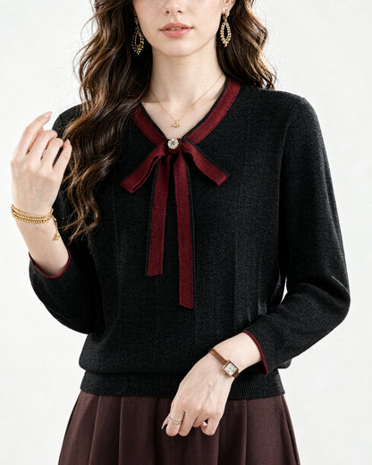 Vintage Bow Collar Knit Sweater Long Sleeve Pullover Top