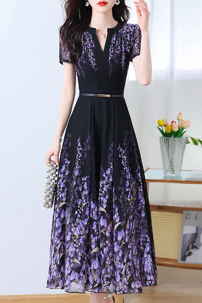 Maryam Purple Floral Print Dress with Belt