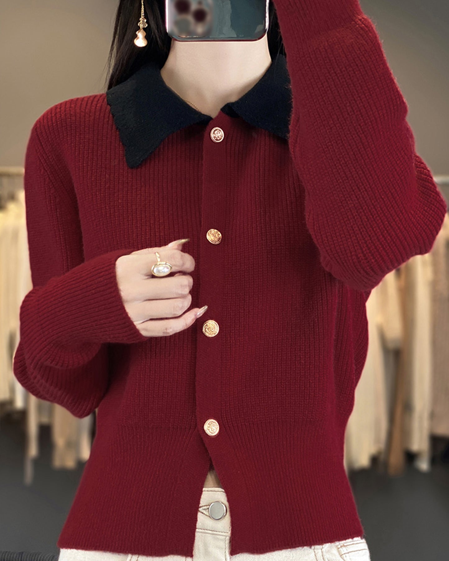 Chic Contrast Collar Knit Cardigan – Vintage Button Ribbed Sweater Top