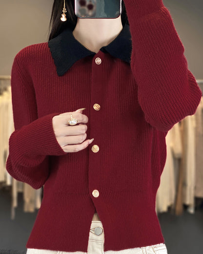 Chic Contrast Collar Knit Cardigan – Vintage Button Ribbed Sweater Top