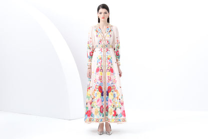 Women's Notch Lapels Puff Sleeve Print Maxi Dress