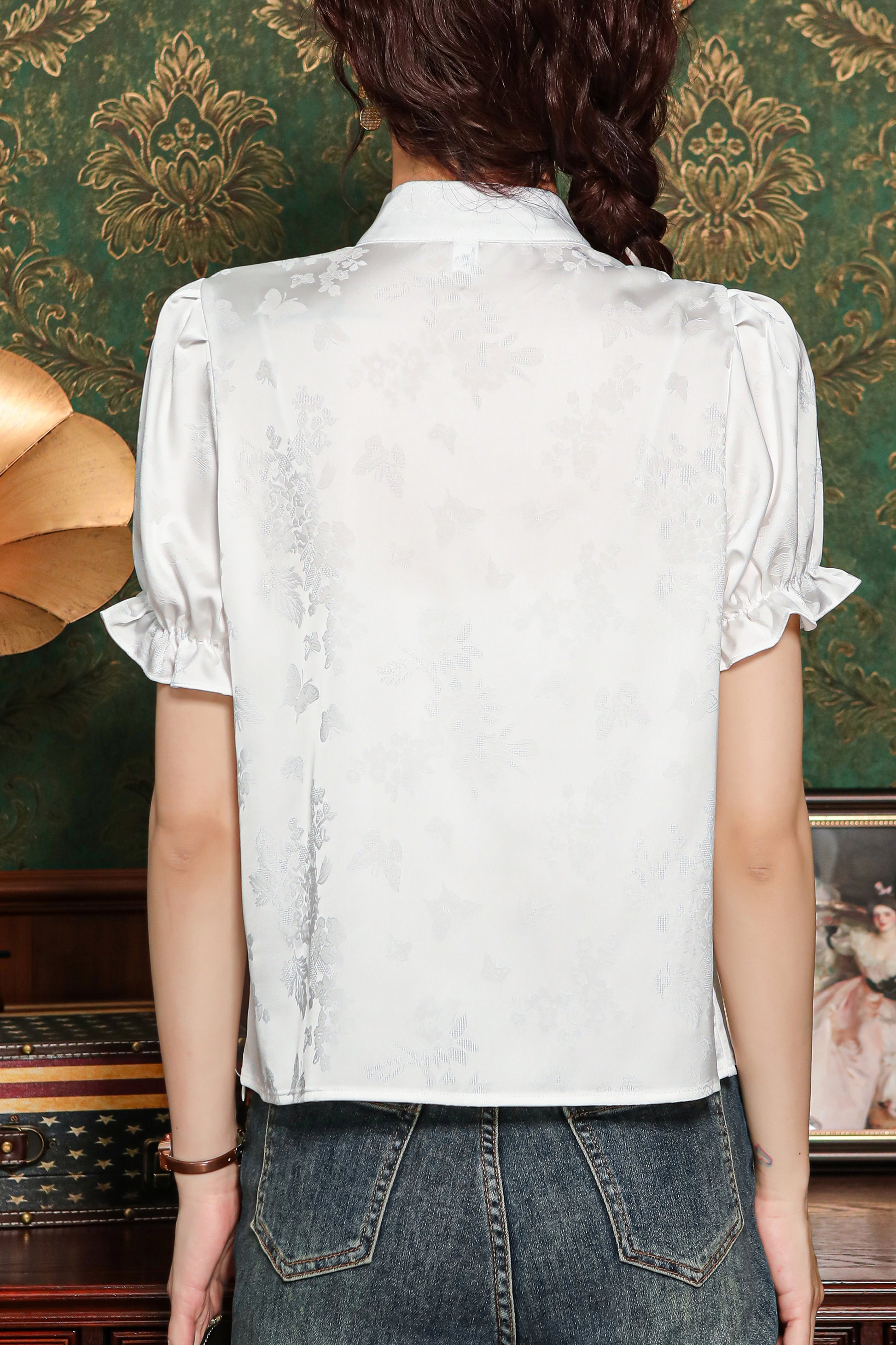 Women's Chinese Style Silk Satin Button Jacquard Blouse - LAI MENG FIVE CATS
