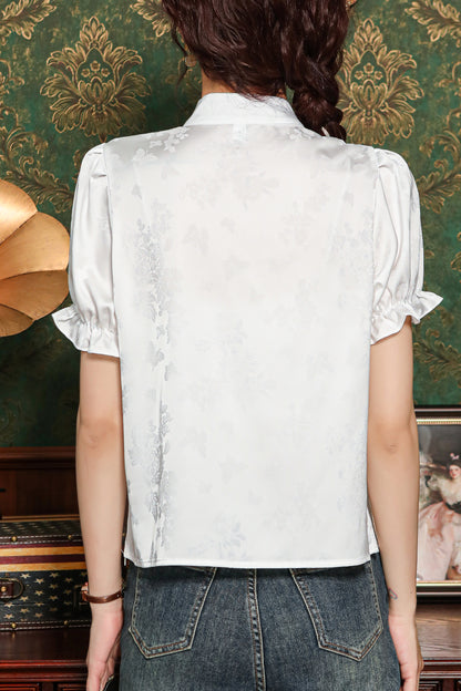 Women's Chinese Style Silk Satin Button Jacquard Blouse - LAI MENG FIVE CATS