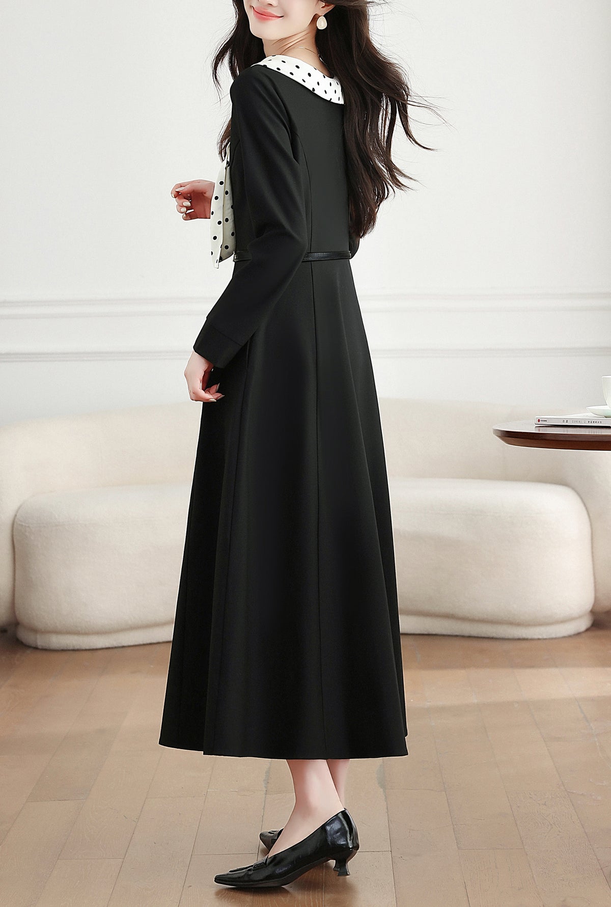 28696 Polka Dot Collar Black Maxi Dress – Elegant Holiday & Dinner Style