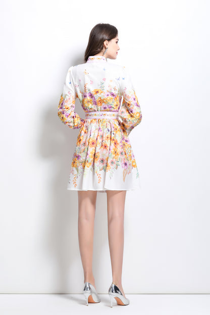 Women's Floral Print Button Lantern Sleeve Mini Dress