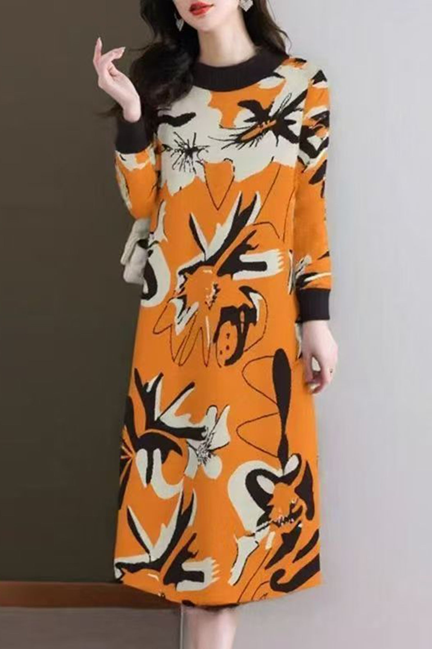 Women's Turtleneck Print Pullover Sweater Midi Dress