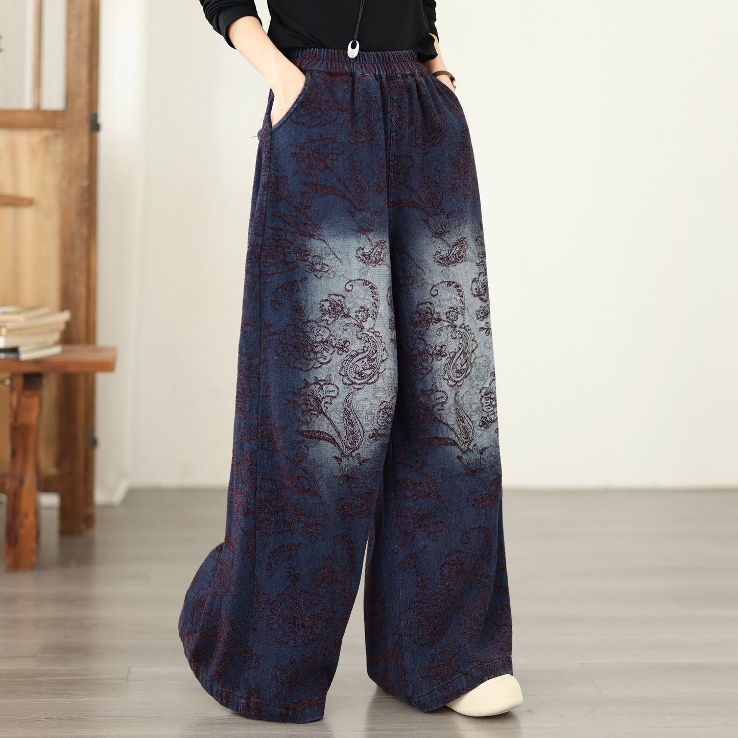 Retro Paisley Print Wide-Leg Jeans Vintage Wash Denim Pants