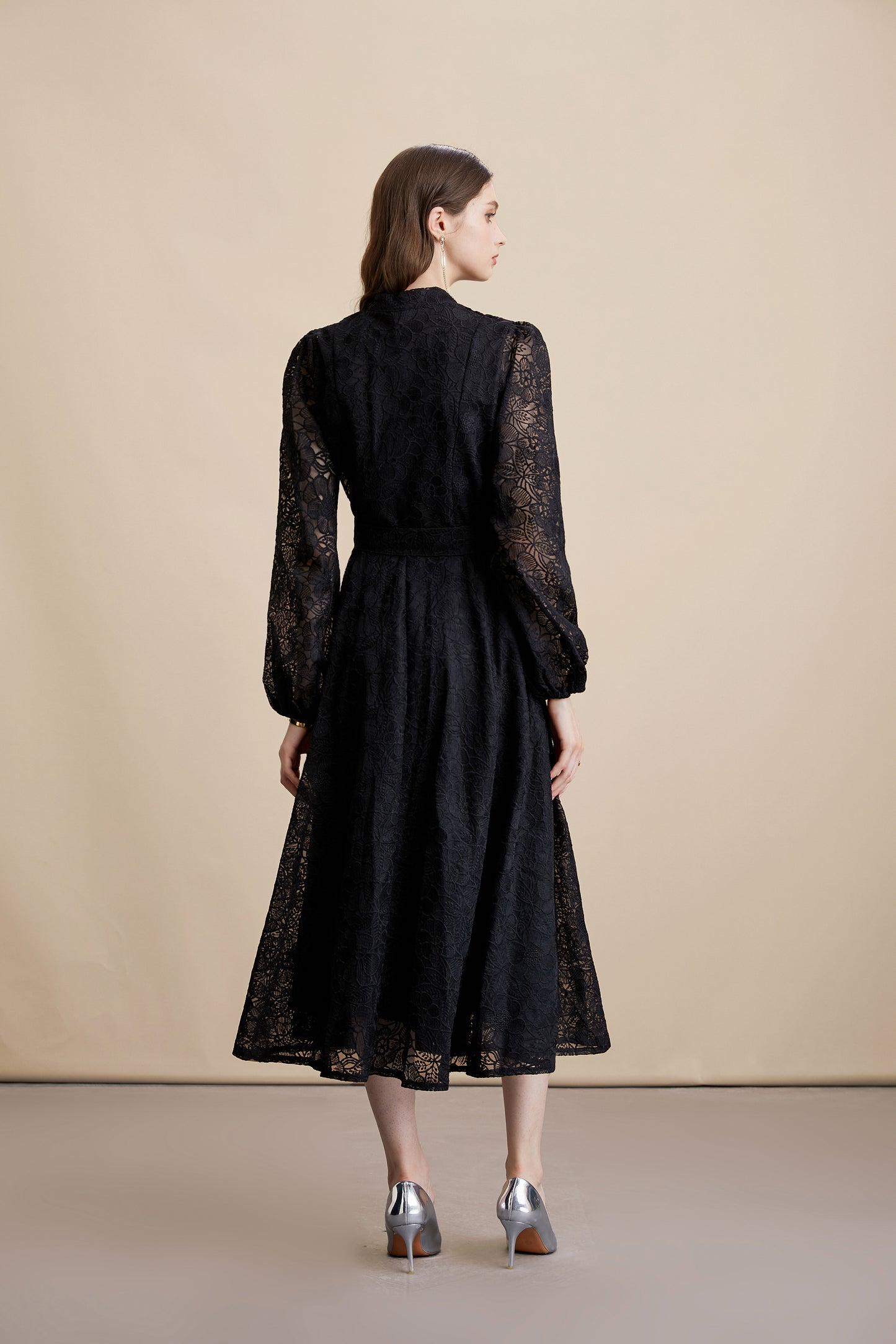 Women's Lace Stand Collar Puff Sleeve Midi Dress
