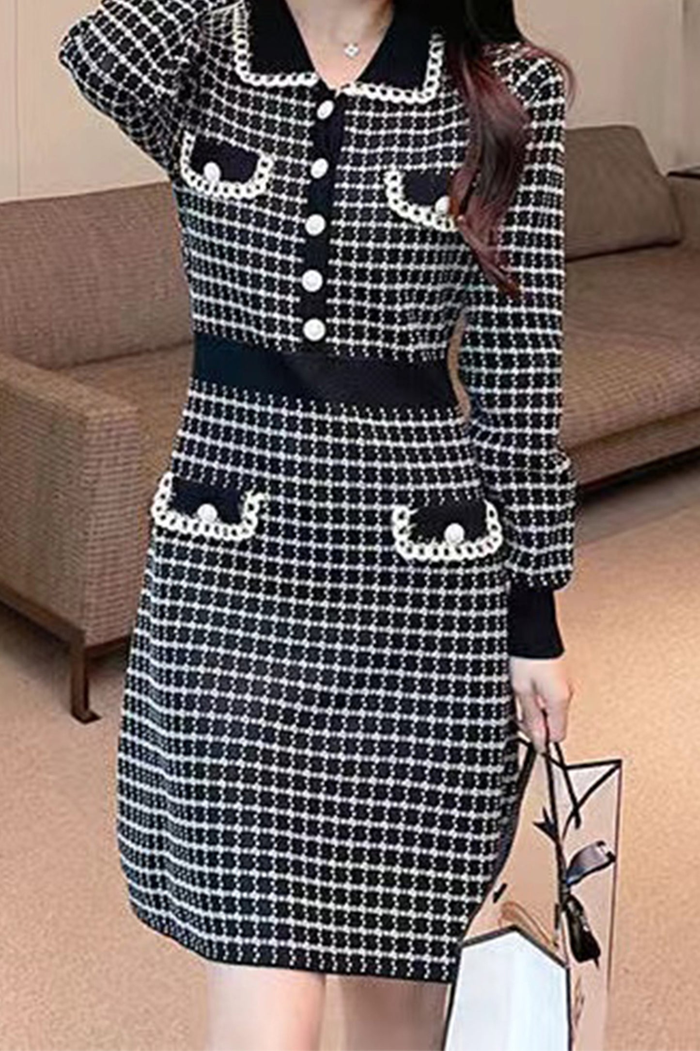 Knit  Plaid Dress Button Long Sleeve V- Neck Elegant Formal Mini Dress