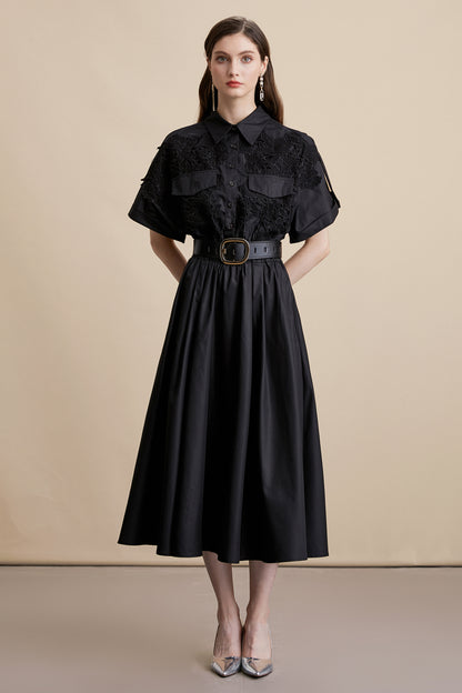 Women's Lace Collar Short Sleeves Pocket Midi Dress
