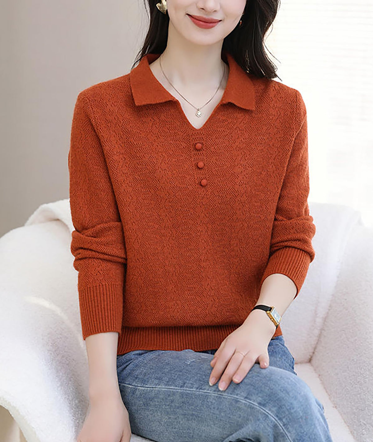 Women's Pink Polo Knit Top — V-Neck & Long Sleeve Ribbet Knitted