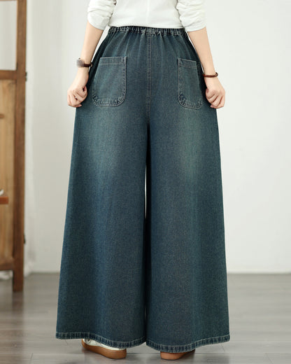 Vintage Embroidered Wide-Leg Jeans with Elastic Waist