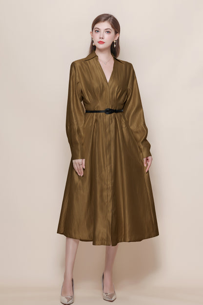 Women's V-Neck Silk Satin Puff Sleeve Button Midi Dress