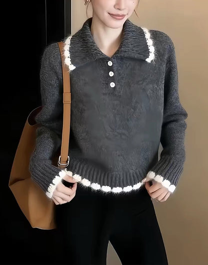 Contrast Trim Knit Polo Sweater | Soft Long Sleeve Pullover
