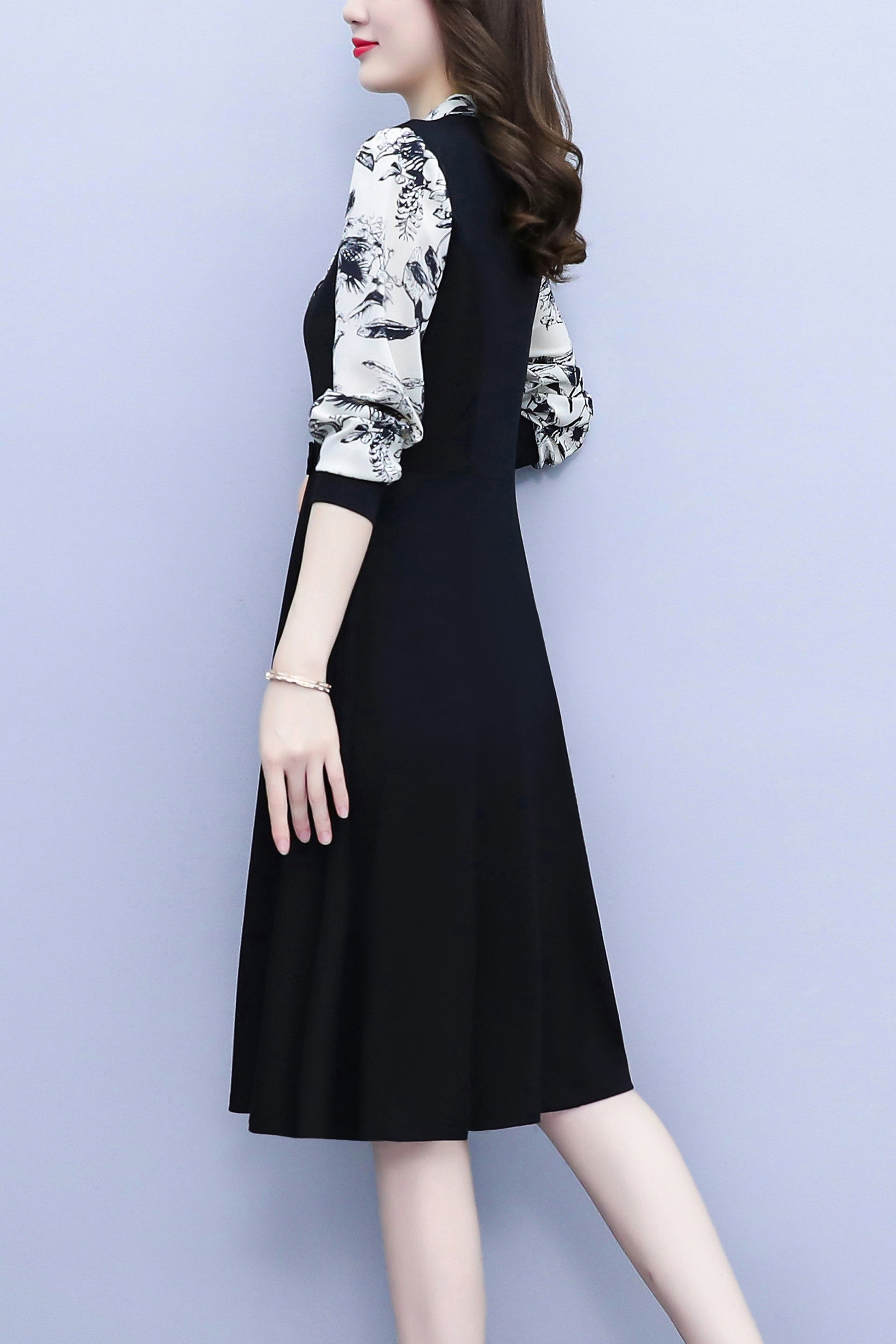Women's Elegant Tie Neck Long Sleeve Black Dress - LAI MENG FIVE CATS